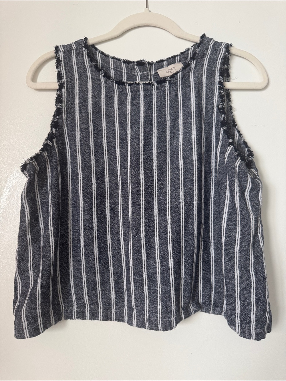 LOFT Navy Striped Sleeveless Tank with Raw-Edge Trim